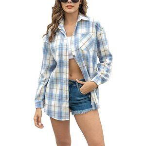 Womens Oversized Flannel Plaid Soft Shirt Blue